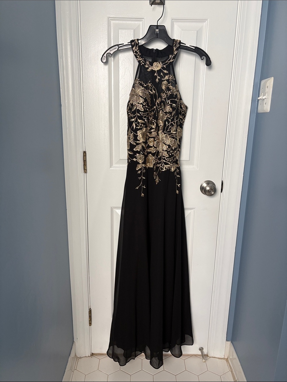 Betsy & Adam Embroidered Halter Chiffon Gown